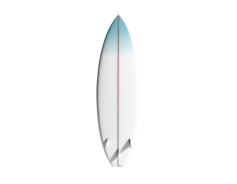 A surfboard with white to light blue gradient on a black background
