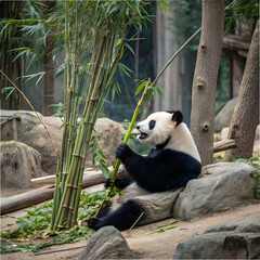 panda sitting and eating bamboo in zoo habitat