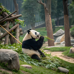 panda sitting and eating bamboo in zoo habitat