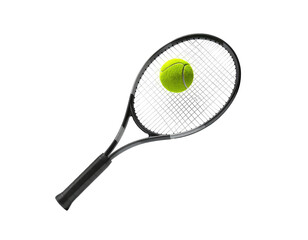 Bright yellow tennis ball suspended in the center of a dark racket, black background