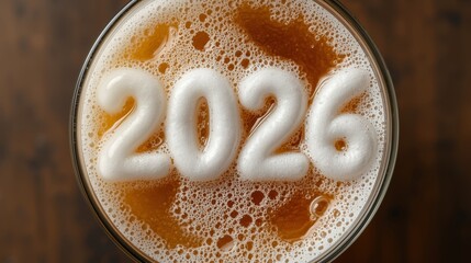 A glass of beer seen from above with the number 2026 made from beer foam on top, for the New Year.
