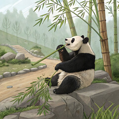 panda sitting and eating bamboo in zoo habitat
