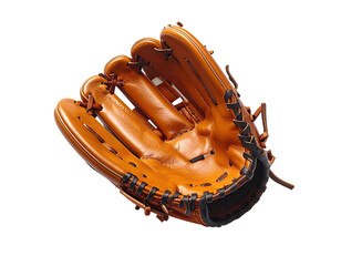 Brown leather baseball glove, angled, catching side visible, on black background