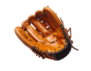 Brown leather baseball glove, angled, catching side visible, on black background
