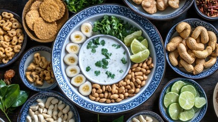 Assorted Asian snacks and a creamy dish, arranged in decorative bowls