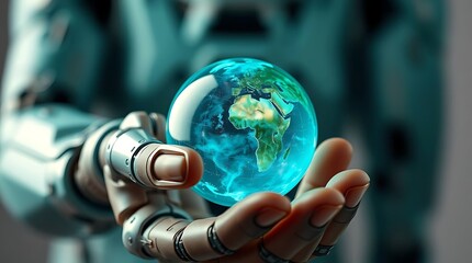 Robotic hand gently holding a luminous blue globe of Earth, representing technological impact on the planet.