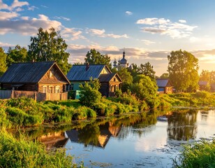 Fototapeta premium Rustic Village by a River at Sunrise.
