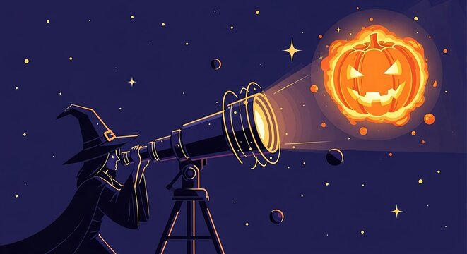a witch observes a glowing halloween jack-o-lantern through a telescope in a dark starry night sky portraying spooky autumn magic and cosmic wonder