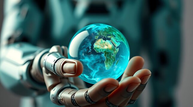 Robotic hand gently holding a luminous blue globe of Earth, representing technological impact on the planet.