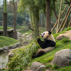 panda sitting and eating bamboo in zoo habitat