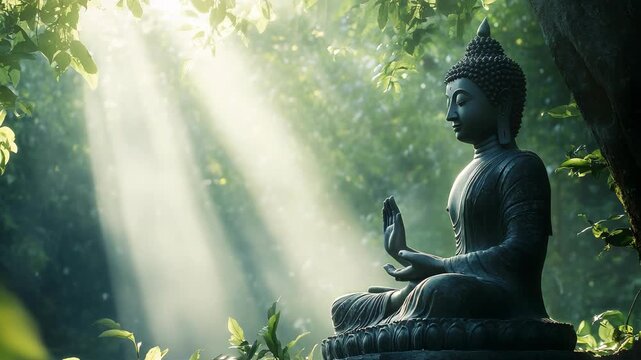 A tranquil, carved buddha statue is surrounded by vibrant greenery and bathed in warm sunlight, creating a peaceful atmosphere perfect for contemplation while enhancing the landscapes natural beauty