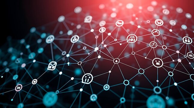 Abstract digital network with glowing connections and various icons representing data, communication, and social interaction.
