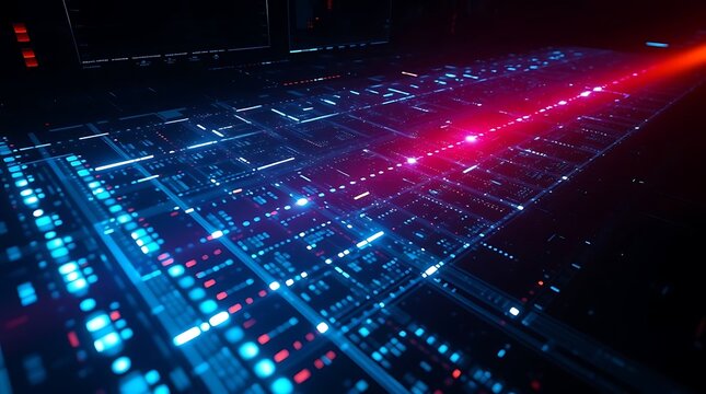 Abstract digital circuit board with glowing blue lines and a prominent red light beam.