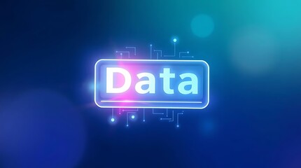 Glowing neon 'Data' text in a futuristic digital interface with circuit lines on a blue and purple background, representing information technology and connectivity.