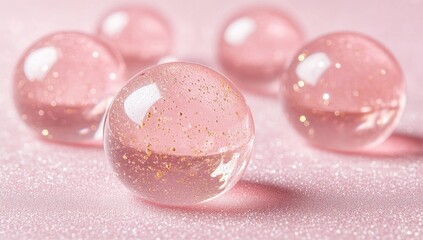 Pink, glittering gel spheres on pink, shiny surface