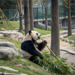 panda sitting and eating bamboo in zoo habitat