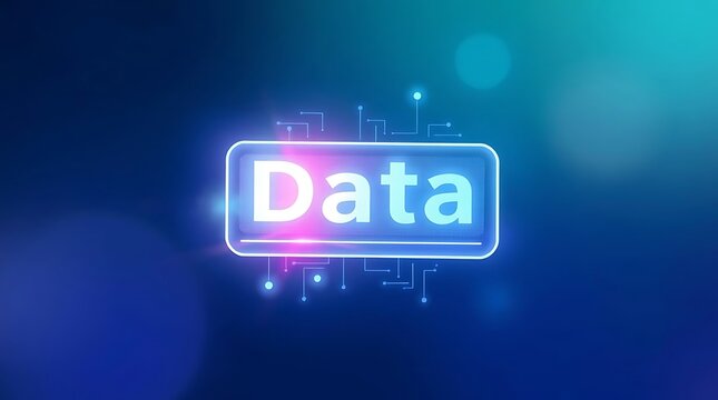 Glowing neon 'Data' text in a futuristic digital interface with circuit lines on a blue and purple background, representing information technology and connectivity. - Powered by Adobe