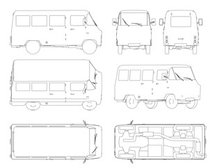 Detailed blueprint of a van set on a white background, featuring contour lines of the headlights, grille, wheels, windows, and doors.