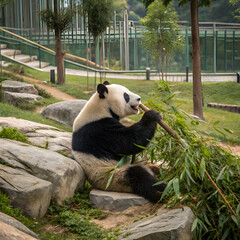 panda sitting and eating bamboo in zoo habitat