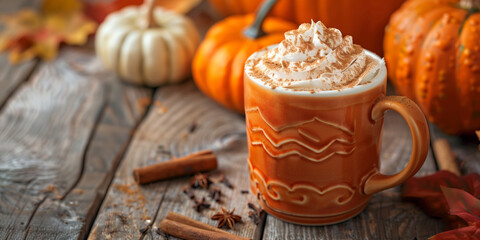 Fototapeta premium pumpkin spice latte in orange mug with whipped cream
