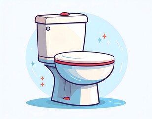 Cartoon illustration of a clean, white toilet with a closed lid, set against a light blue background with sparkle accents.