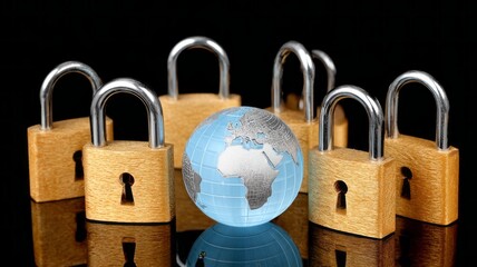 A globe is placed in front of a row of locks