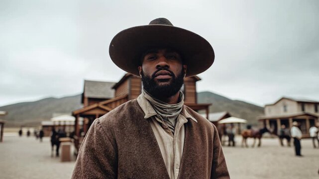 Group of cowboys in western town setting with horses, symbolizing lifestyle, tradition, freedom, equestrian culture, heritage, western authenticity and branding opportunities.