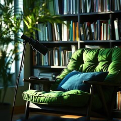 Cozy reading nook with chair, bookshelf, plant, and lamp