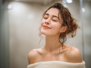 Woman with wet hair after shower enjoying fresh skin care routine at home spa
