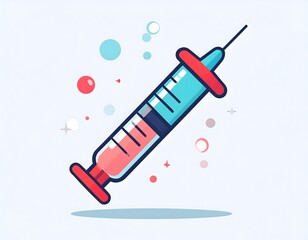 Cartoon illustration of a syringe filled with red and blue liquid, surrounded by bubbles and stars, on a light blue background.