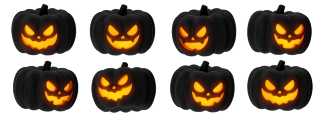 Halloween 3D cartoon black pumpkins with glowing faces and scary expressions. Trick or treat pumpkin character set. PNG transparent set