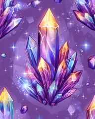 Colorful crystals on a textured purple starry background