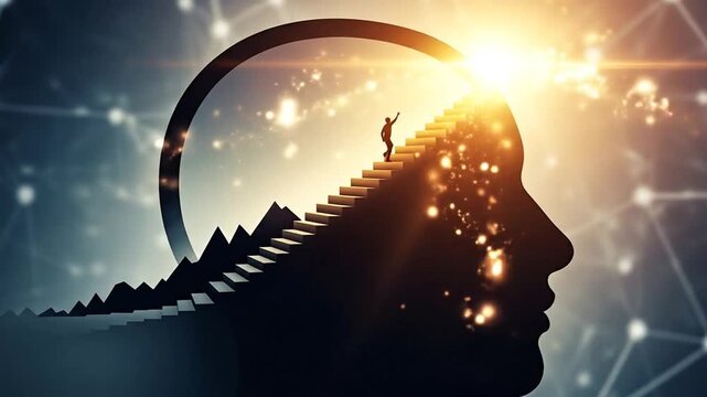 Mental wellbeing journey silhouette head climbing stairs overcoming challenges