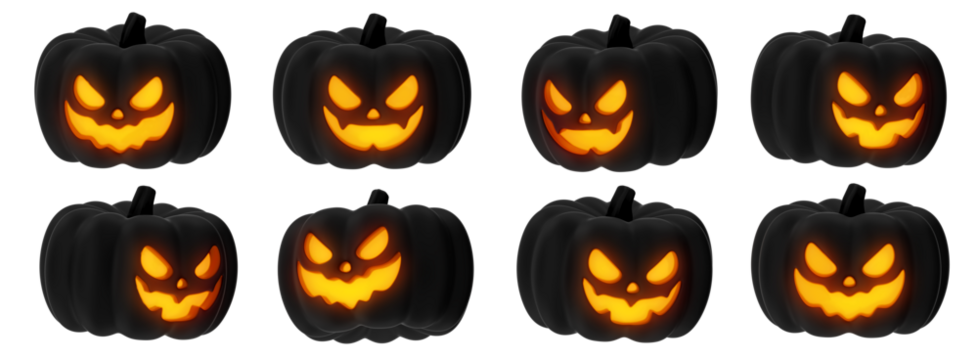 Halloween 3D cartoon black pumpkins with glowing faces and scary expressions. Trick or treat pumpkin character set. PNG transparent set