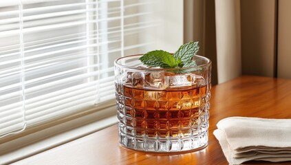 Iced drink w/ mint garnish, square glass, window light