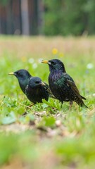 Three blackbirds foraging in a grassy field
