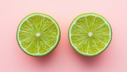 Two halved limes, center view, bright pink background