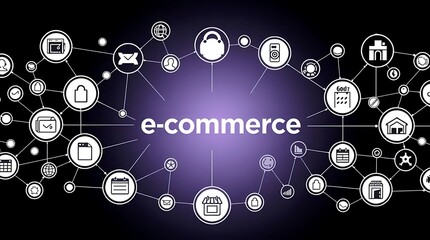 Digital e-commerce network with interconnected icons representing online shopping, business, and digital services.