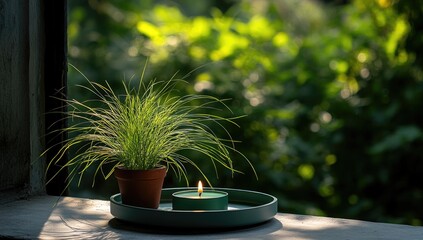 Indoor plant, lit candle on sill, blurred green background