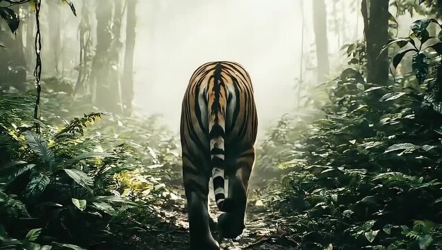 Majestic Tiger Walking Away Through Lush Green Jungle Path.