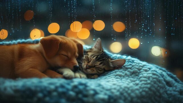 An adorable puppy and kitten snuggling closely together on warm, cozy blanket as raindrops gently patter against the window, surrounded by soft bokeh lights that create a blissful, peaceful atmosphere