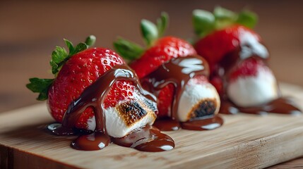 Delicious arrangement showcasing fresh red strawberries combined with toasted marshmallows, drenched in rich, flowing chocolate sauce.