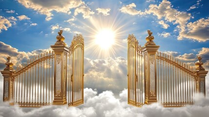 Golden gates to heaven open on fluffy clouds, radiant sun