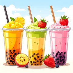 Three colorful drinks with fruit