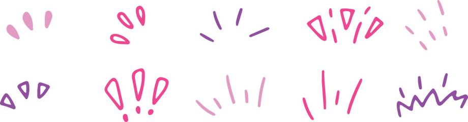 Violet, pink collection of colorful hand-drawn doodles exclamation points, squiggles, and decorative lines that bring fun. Drawn with violet, pink curved lines in grunge style