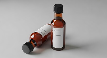 Two amber glass bottles with blank labels and black caps isolated on white background