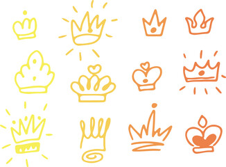 Royal Crown and Tiara vector doodle sketches, hand-drawn in sketch style. Drawn with yellow and orange curved lines in grunge style