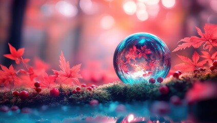 Crystal orb in vibrant autumn scene, moss, leaves, reflections