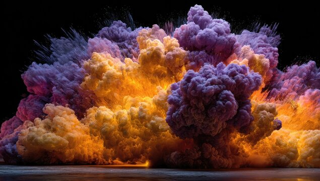 Fiery, colorful explosion of orange and purple powder