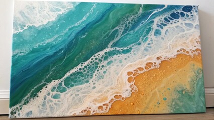 Vibrant ocean wave artwork created with acrylic paint and sponge technique showing swirling turquoise and sandy beach colors